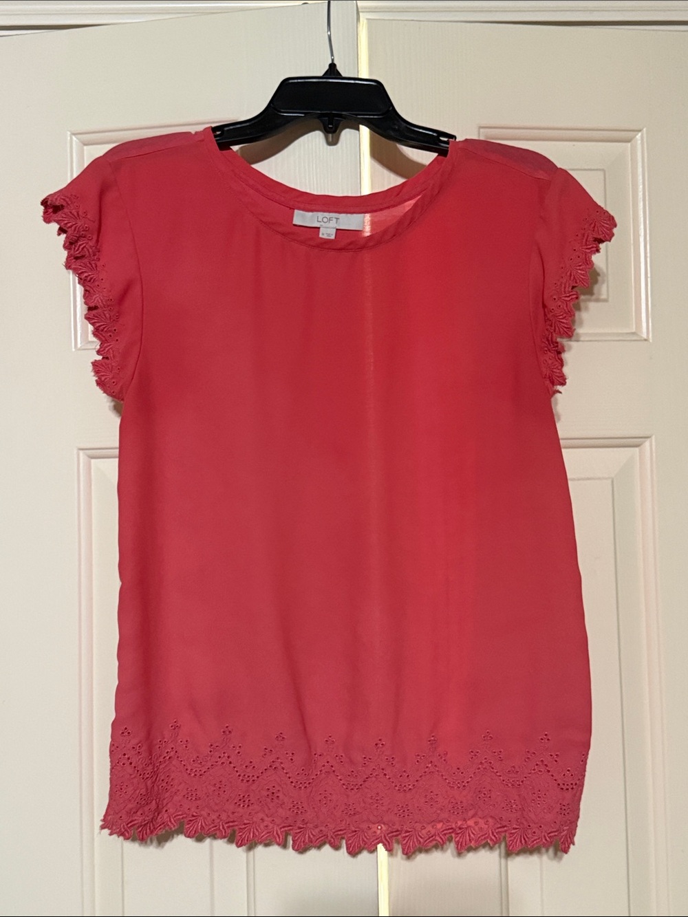 LOFT Coral-Red Lace Trim Flutter Sleeve Blouse